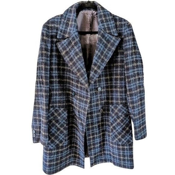TAKESHY KUROSAWA Men's Blue Plaid Double Breasted Wool Blend Coat Size IT48/US - Picture 3 of 8